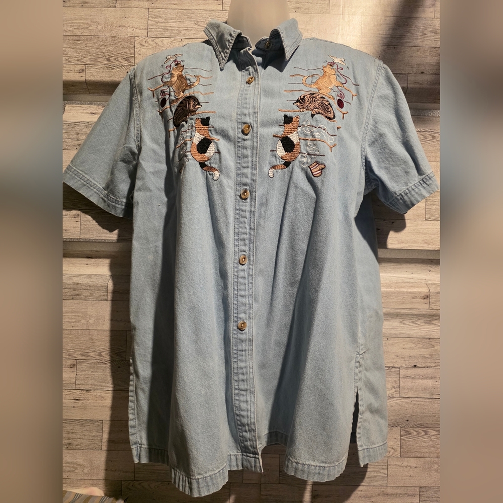 Vintage Passion Embroidered Light Blue Denim Button-Down Shirt
